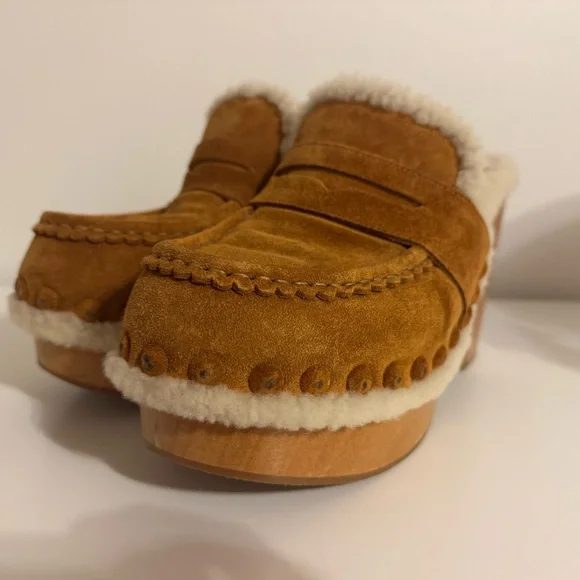 🤎SOLD🤎Chloe Joy Suede & Shearling Caramel Cognac Block Heel Clogs Size 39 EU - Picture 10 of 11